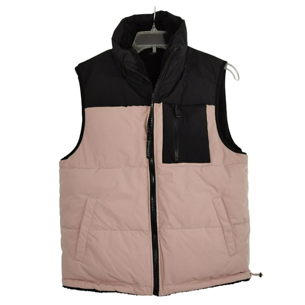 Sanctuary Reversible Down Vest Jacket Women Size L Black Pink Sleeveless FLAWS